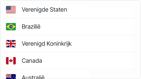 Een lijst van landen met VPN servers. 