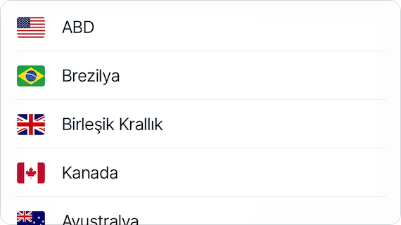 VPN sunucularının bulunduğu ülkeleri gösteren liste.